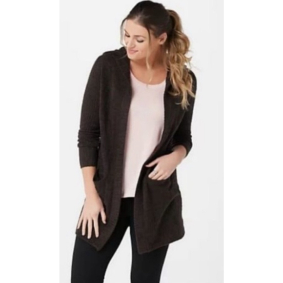 NWT Barefoot Dreams Cozy Chic Lite Espresso Brown Ribbed Hooded Cardigan M